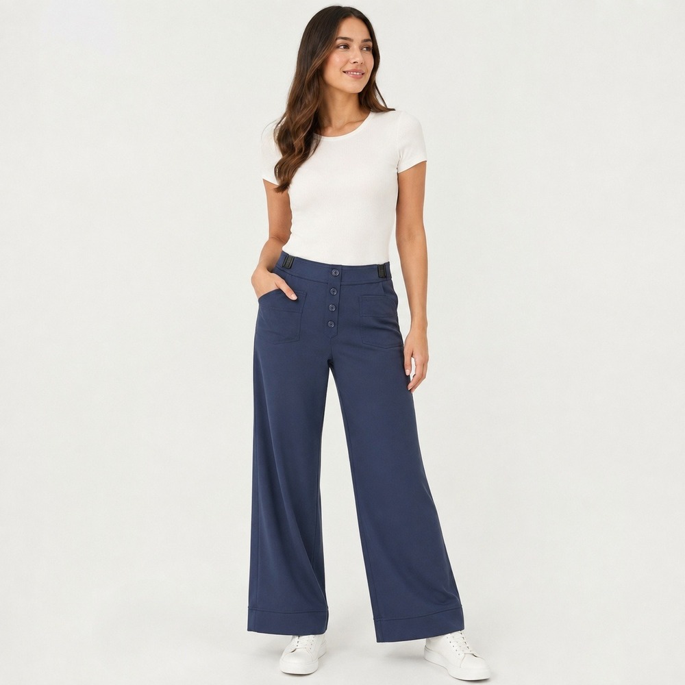 Halara Petite Large Navy Wide Leg Trouser Pants Button Front Stretch